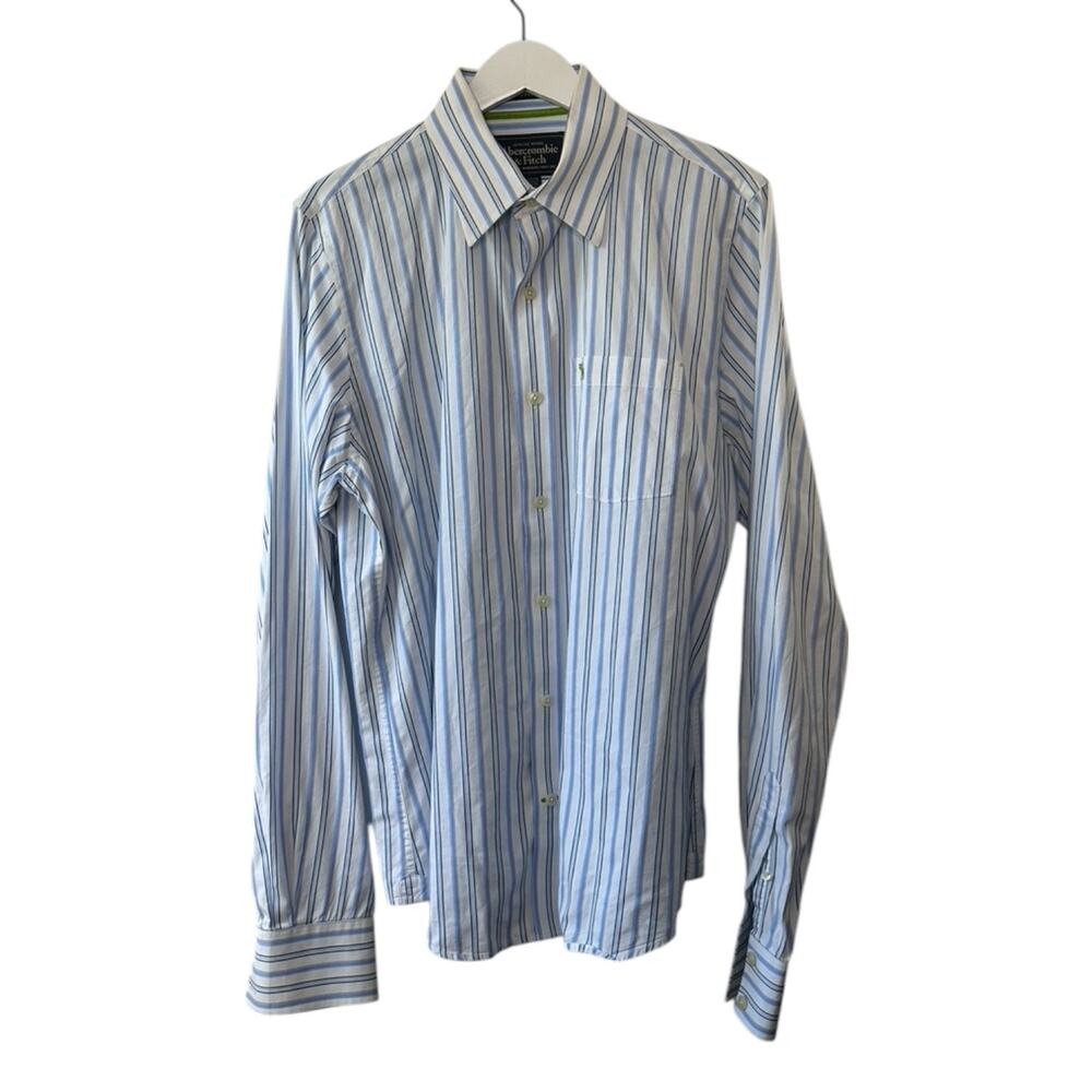Abercrombie & Fitch MUSCLE White & Blue Stripe Button Up Shirt Men's Large